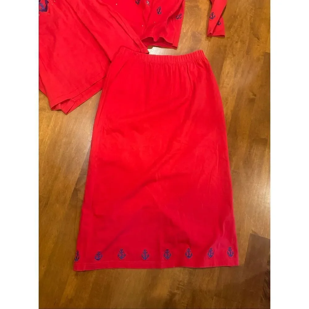 Vintage Quacker Factory 3 Pc Nautical Anchor Set Medium Red Cardigan Top Skirt R